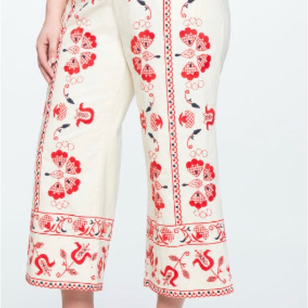 Embroidered Cream Pants with Red Floral Design